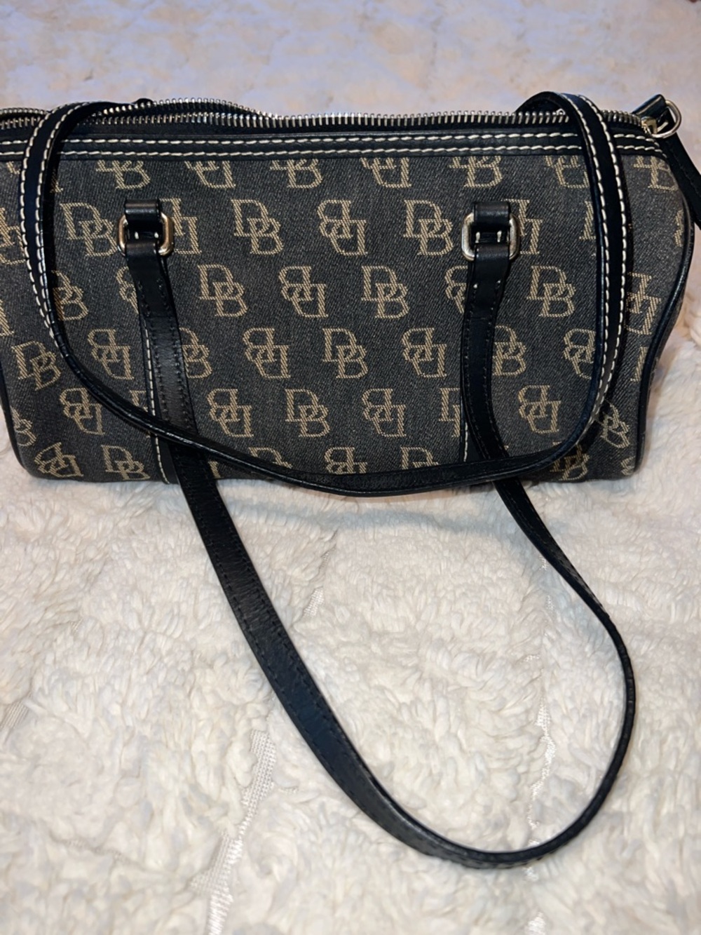 Dooney & Bourke Black and Cream Monogram Barrel Shoulder Bag